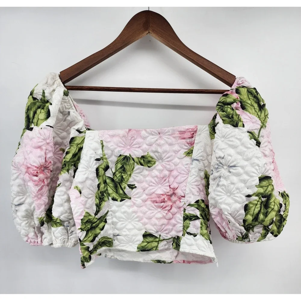 Pink Floral Textured Puff Sleeve Crop Top Pearl Button Size S US 4 - Picture 4 of 8
